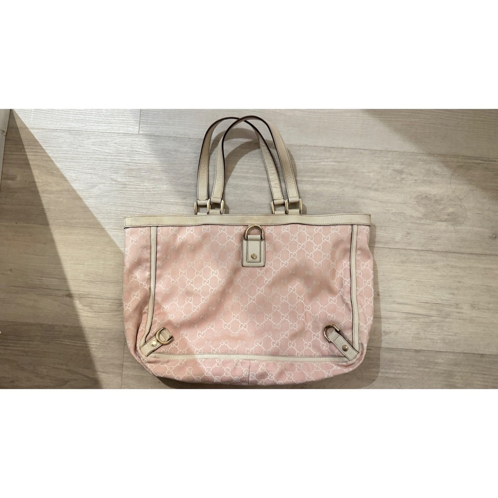 100% Authentic Gucci Tote Bag Pink GG Monogram Canvas Leather Trim Shoulder Bag
